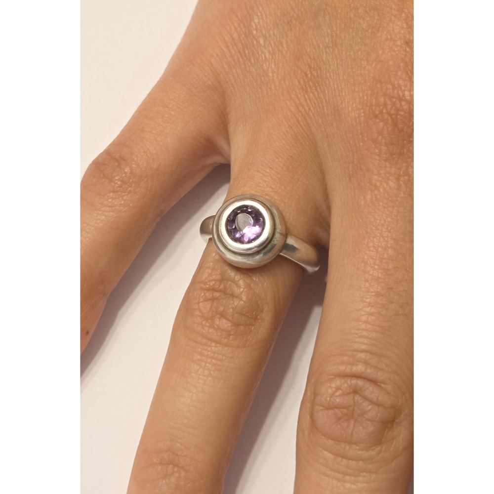 Vintage Modernist 950 Silver & Bezel-set Amethyst Ring Size 6